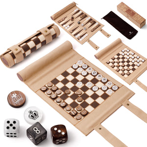 Backgammon Chess Checkers Set, Apricot, PU Leather