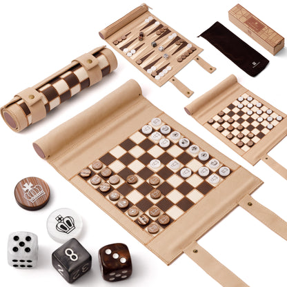 Backgammon Chess Checkers Set, Apricot, PU Leather