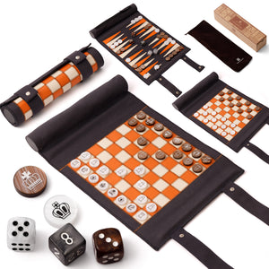 Backgammon Chess Checkers Set, Navy Blue, PU Leather