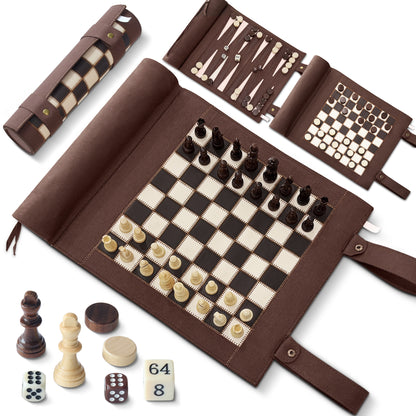 Magnetic Chess Checkers Backgammon Set, Roll-up Portable Suede Board Game
