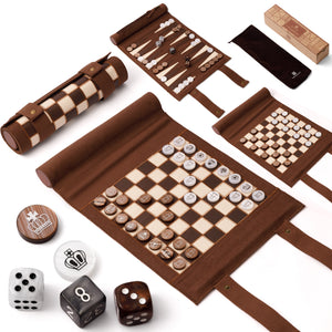 Backgammon Chess Checkers Set, Dark Brown, PU Leather