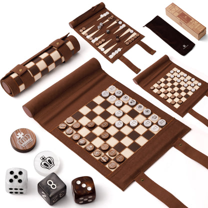 Backgammon Chess Checkers Set, Dark Brown, PU Leather