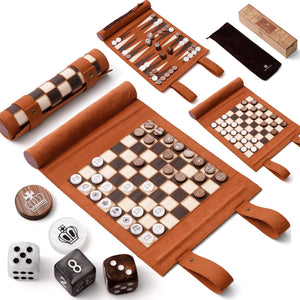 🎁 Backgammon Chess Checkers Set, Brown, PU Leather (100% off)