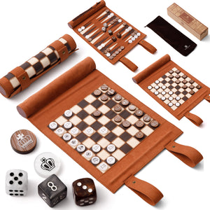 Backgammon Chess Checkers Set, Brown, PU Leather