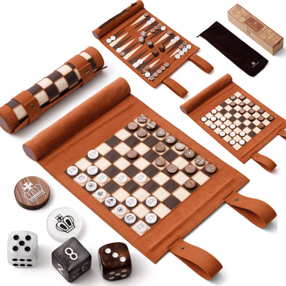 Backgammon Chess Checkers Set, Brown, PU Leather