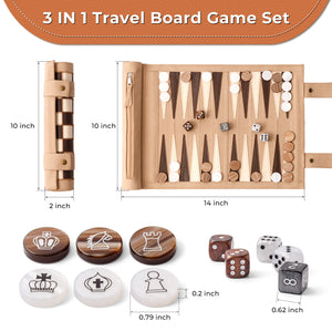 Backgammon Chess Checkers Set, Apricot, PU Leather