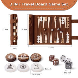Backgammon Chess Checkers Set, Dark Brown, PU Leather