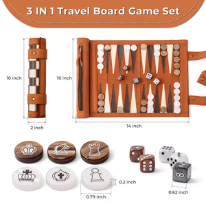 Backgammon Chess Checkers Set, Brown, PU Leather