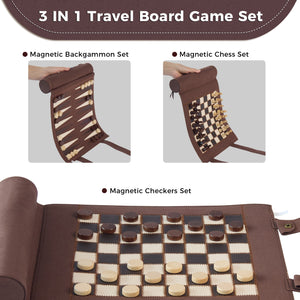 Magnetic Chess Checkers Backgammon Set, Roll-up Portable Suede Board Game