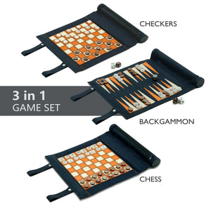 Backgammon Chess Checkers Set,  PU Leather Woodronic game