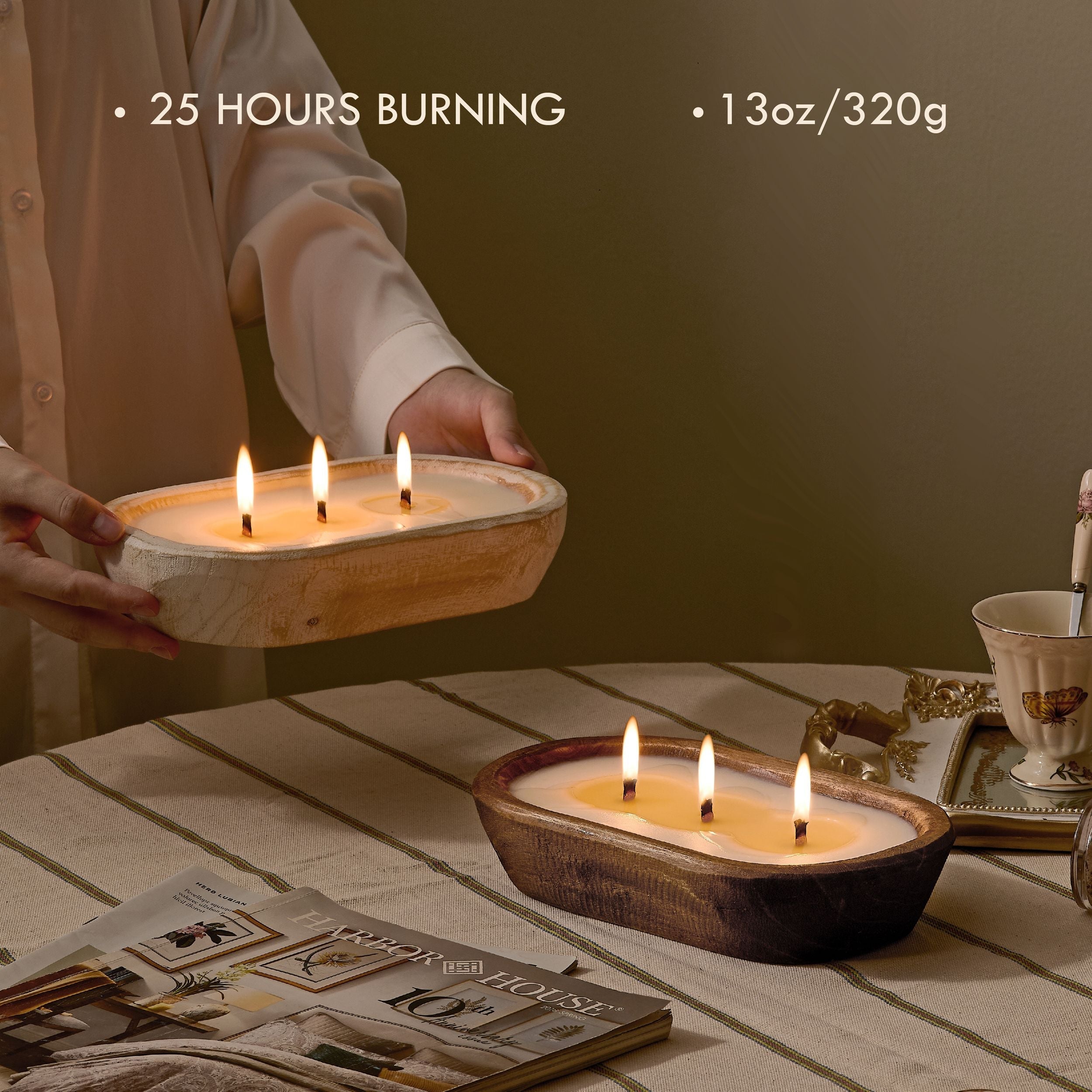 Dough Bowl Candle, White Paulownia Woodronic